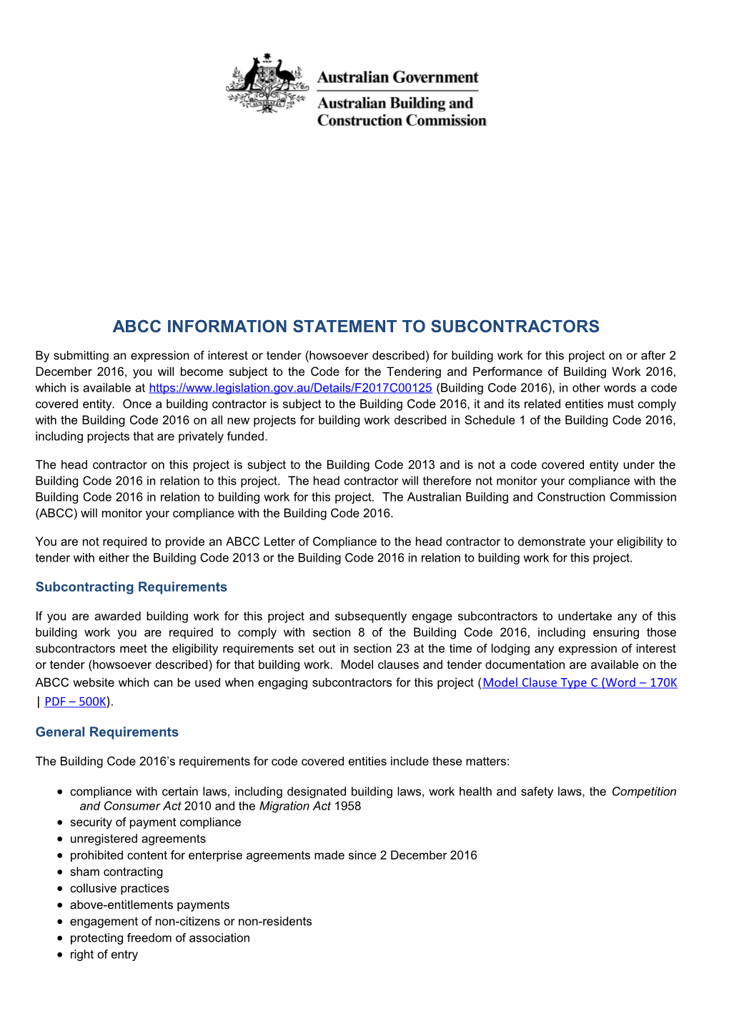 Abcc Information Statement to Subcontractors