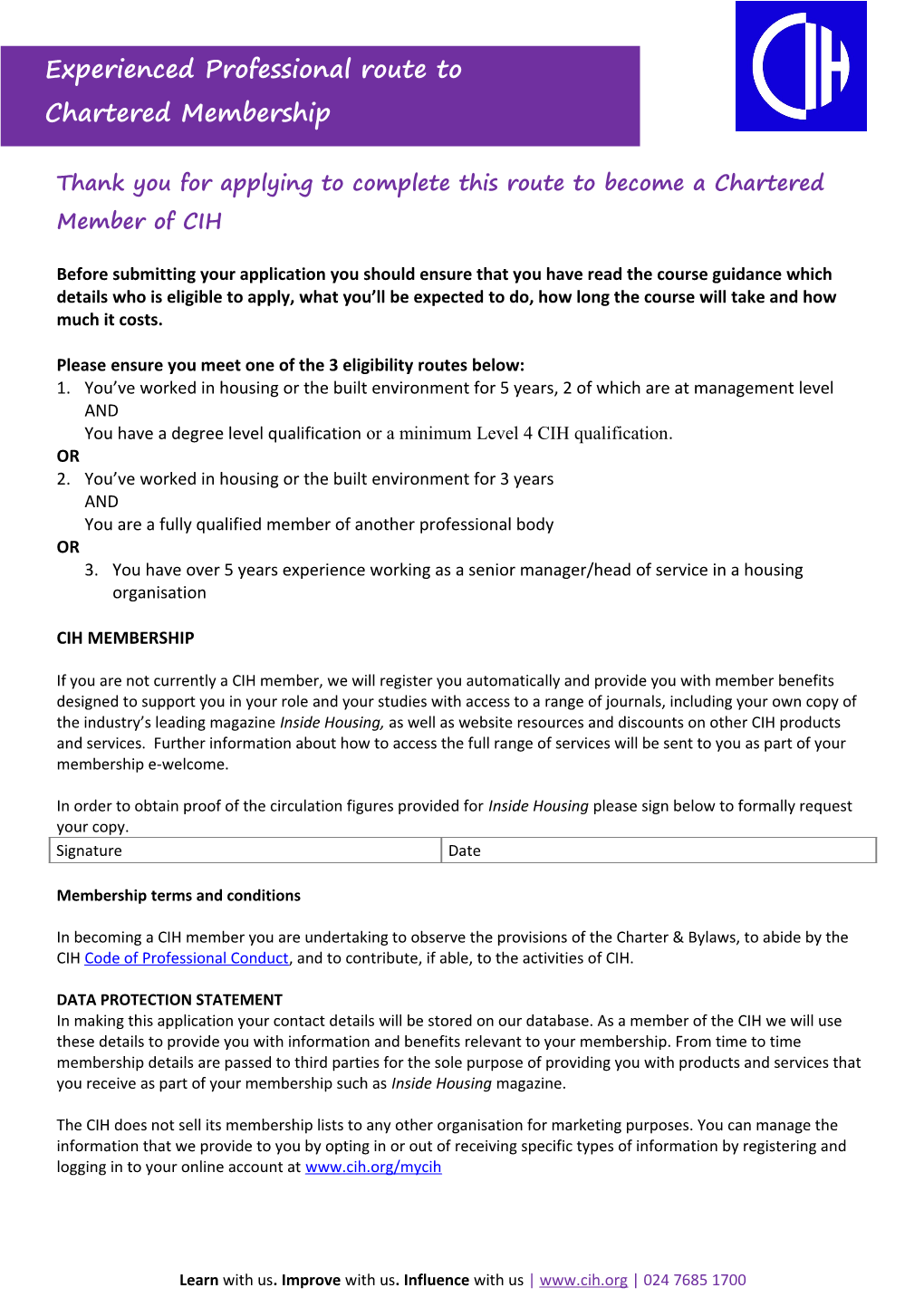 Thank You for Applying to Complete This Route to Become a Chartered Member of CIH