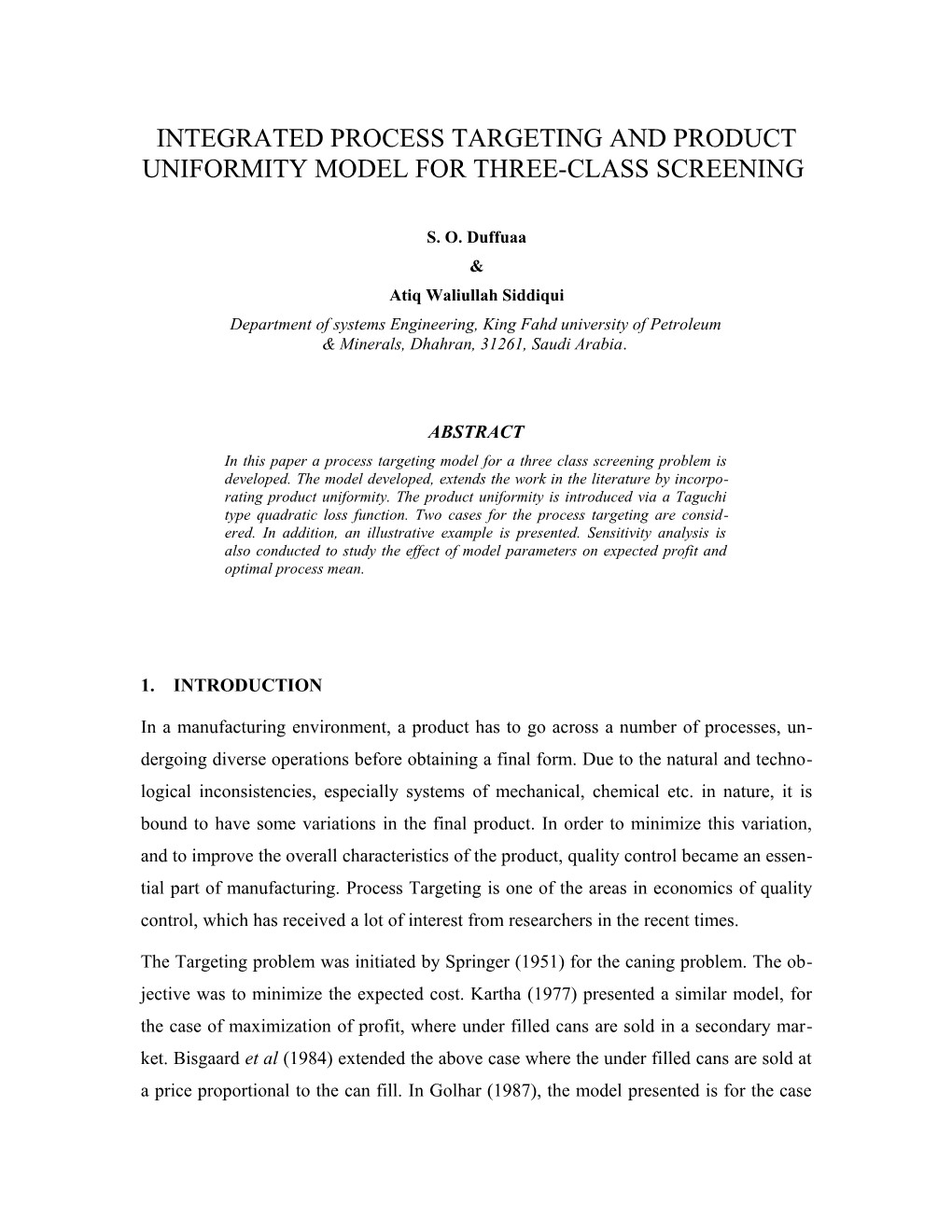 Integrated Process Targeting and Product Uniformity Model for Three-Class Screening