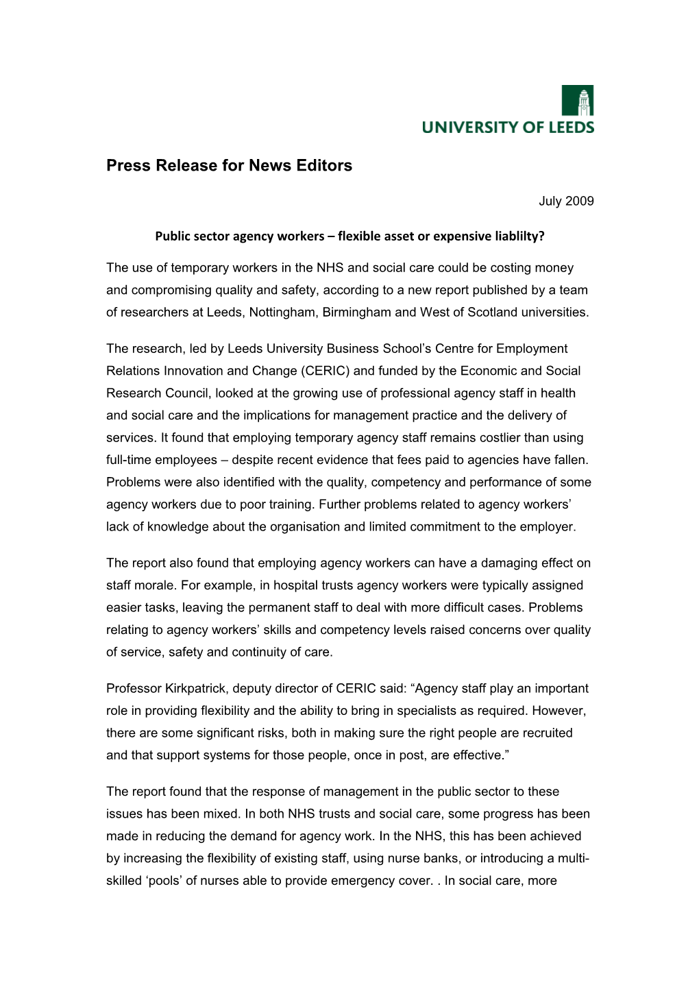 Press Release for News Editors