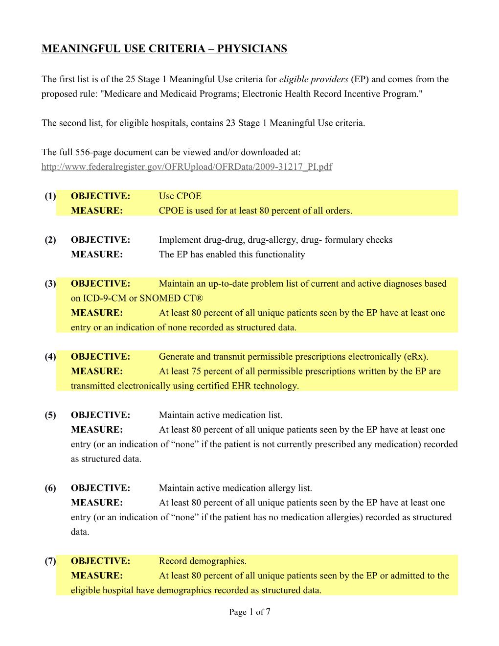 Proposed Meaningful Use Criteria for Eligible Providers and Hospitals