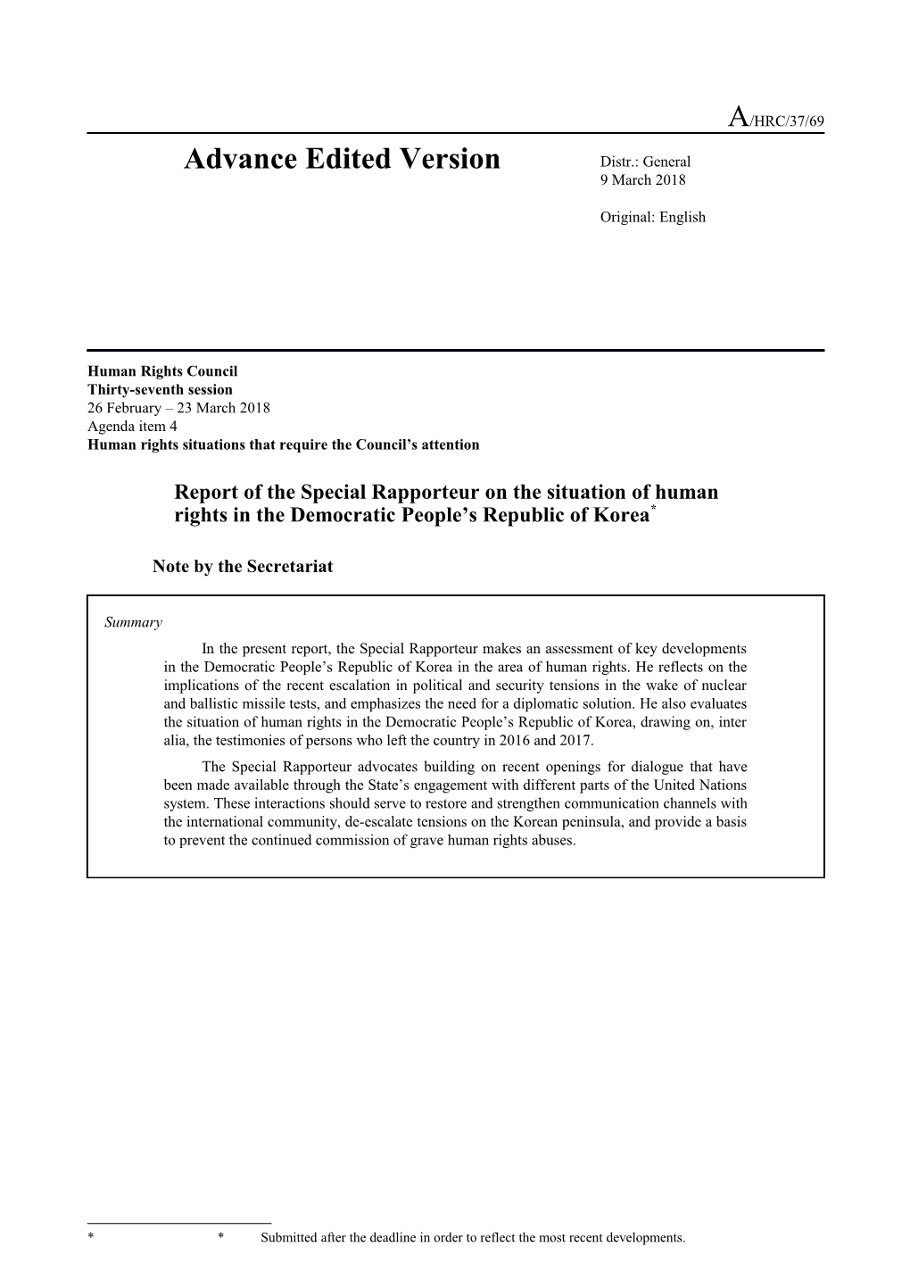 Report of the Special Rapporteur on the Situation of Human Rights in the Democratic People's