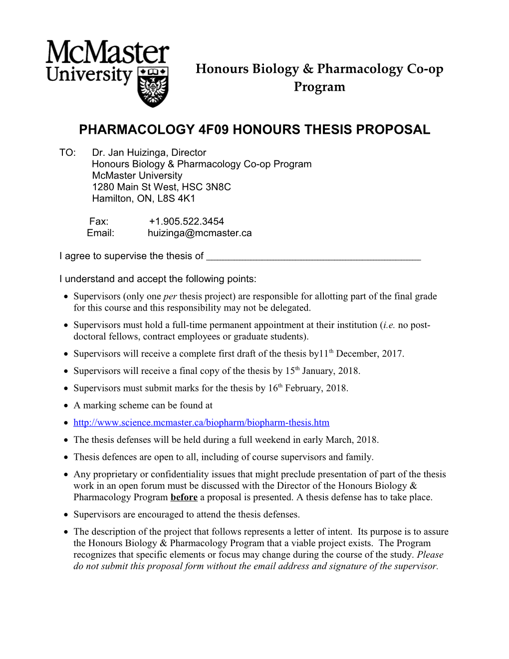 Pharmacology 4F09 (Honours Thesis) Summary Information