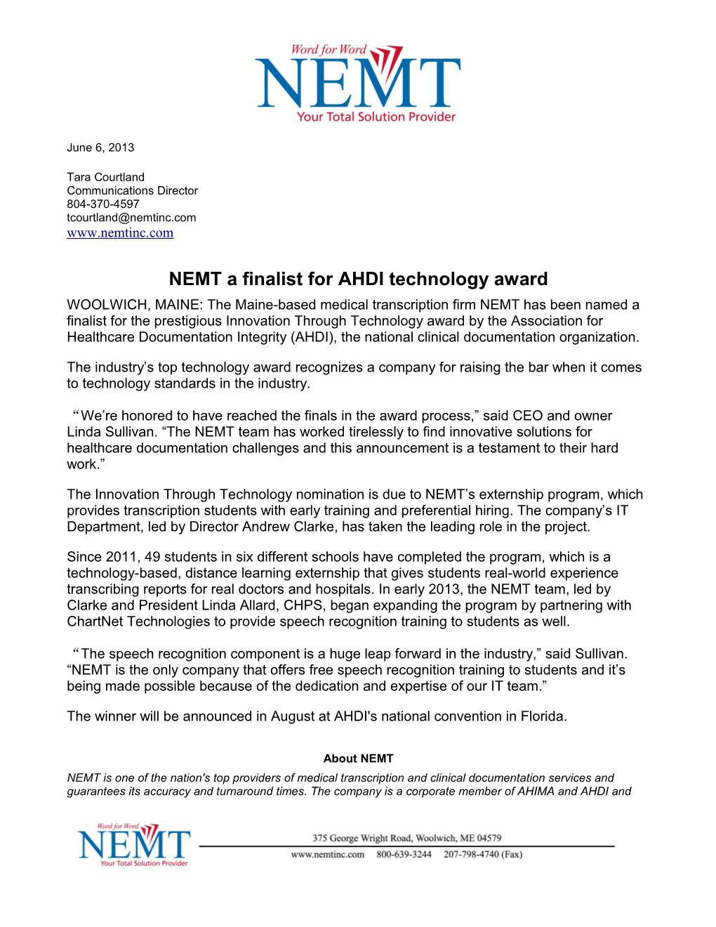 NEMT a Finalist for AHDI Technology Award