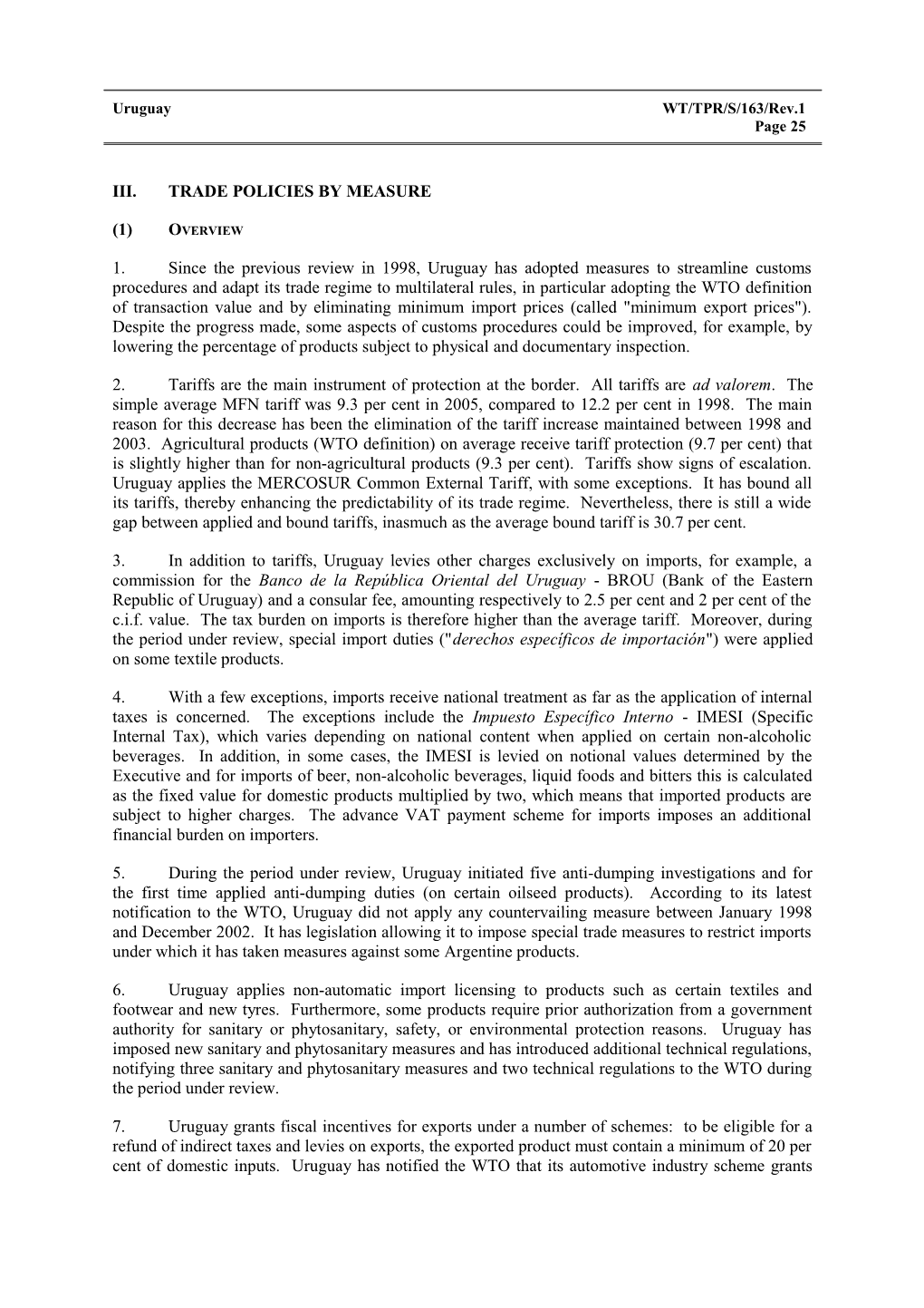 III. Trade Policies by Measure s1