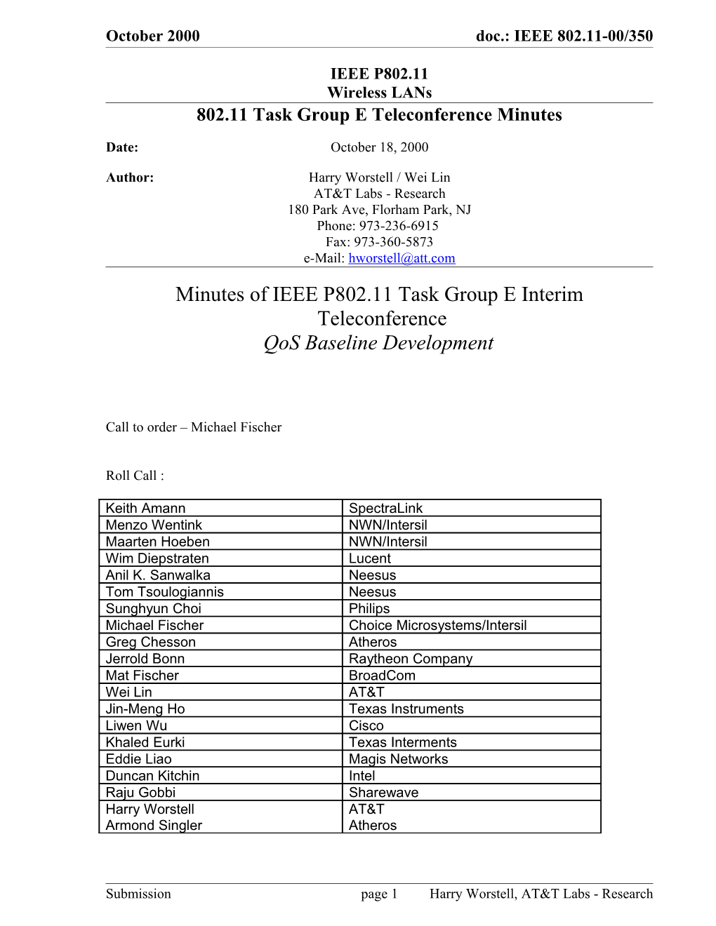 802.11 Task Group E Teleconference Minutes