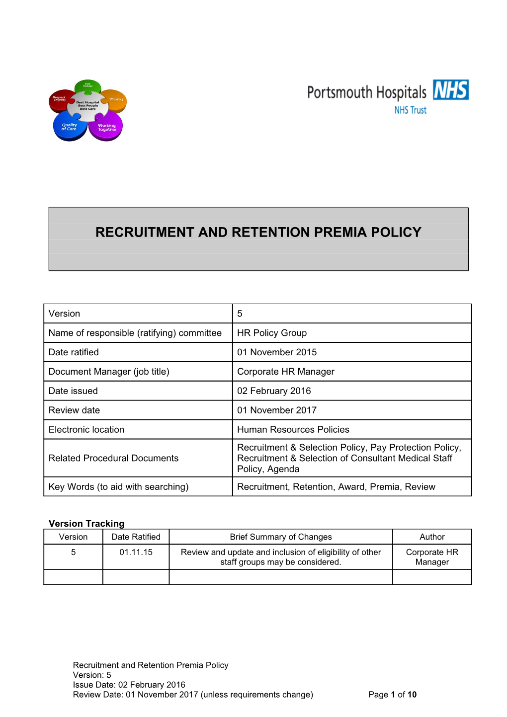 Recruitment and Retention Premia Policy