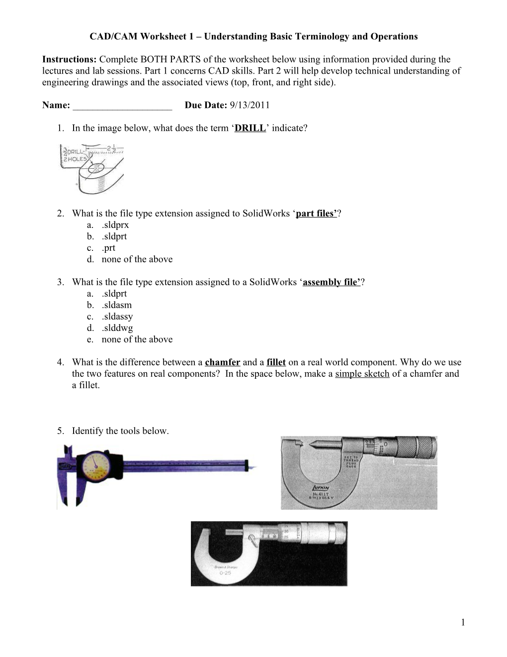 CAD/CAM Worksheet 1 Understanding Basic Terminology and Operations