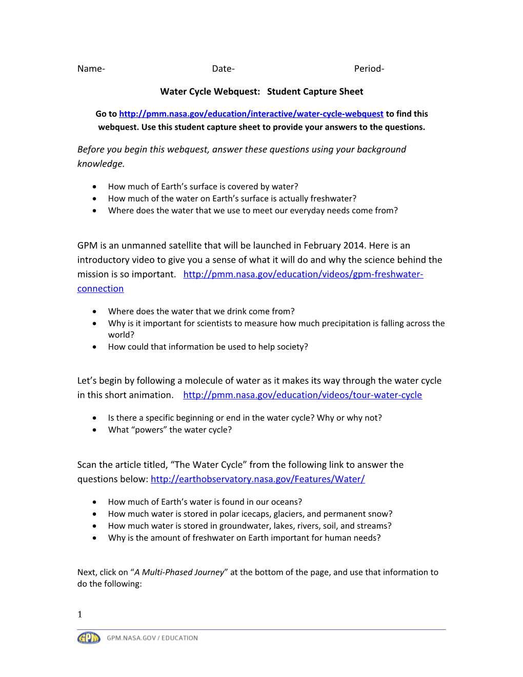 Water Cycle Webquest: Student Capture Sheet