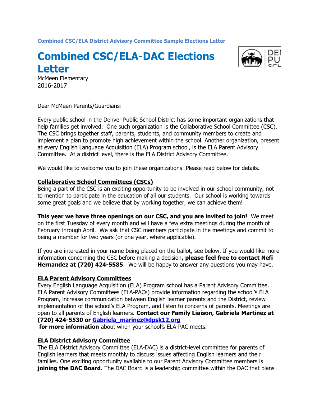 Combined CSC/ELA District Advisory Committee Sample Elections Letter