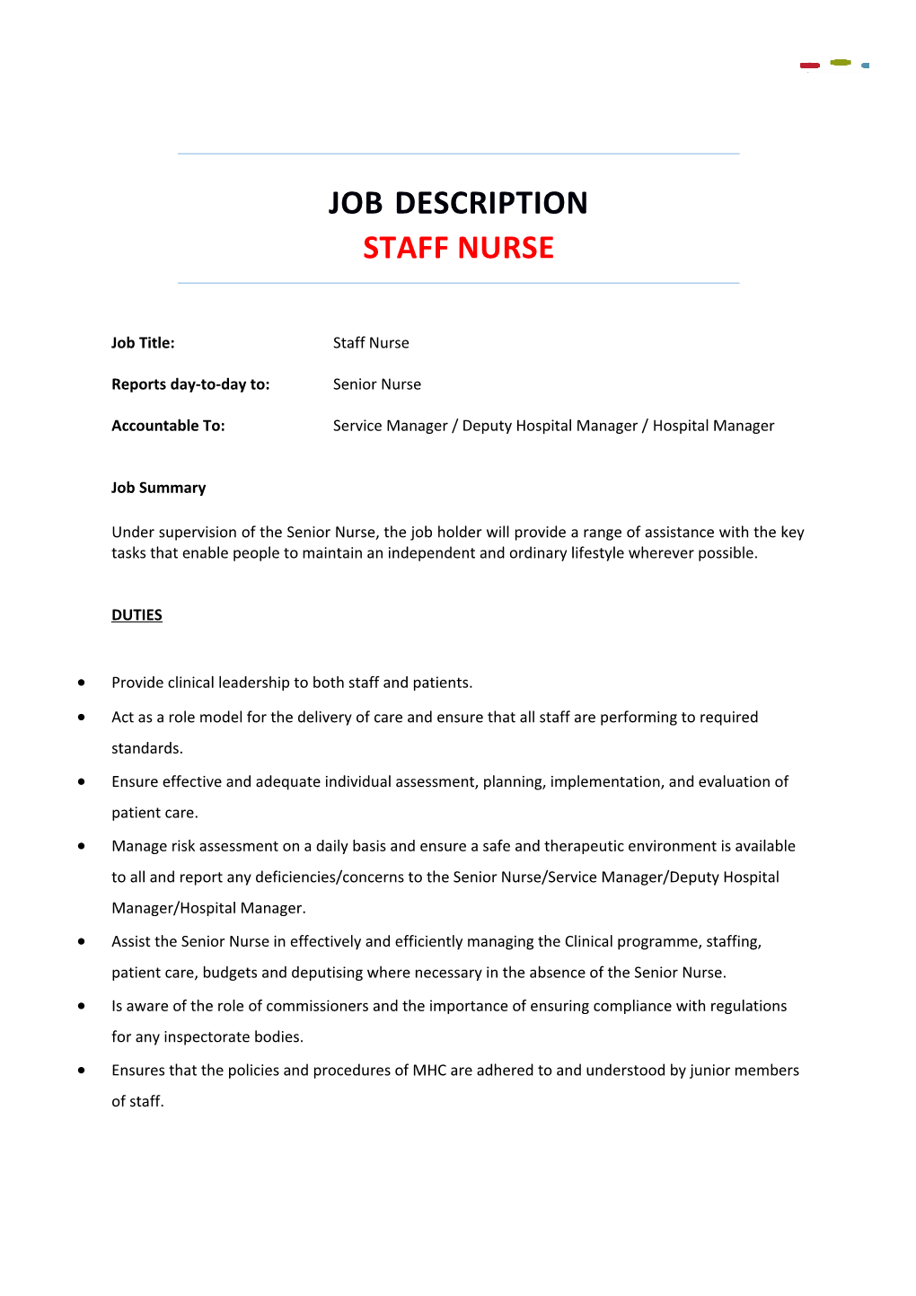 Job Description STAFF NURSE