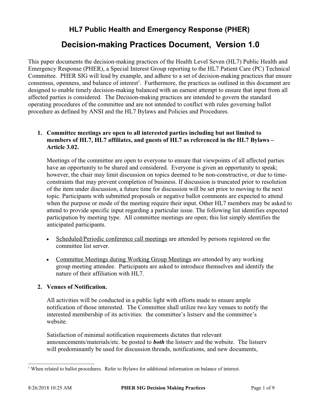 HL7 PHER Decisionmaking Practices