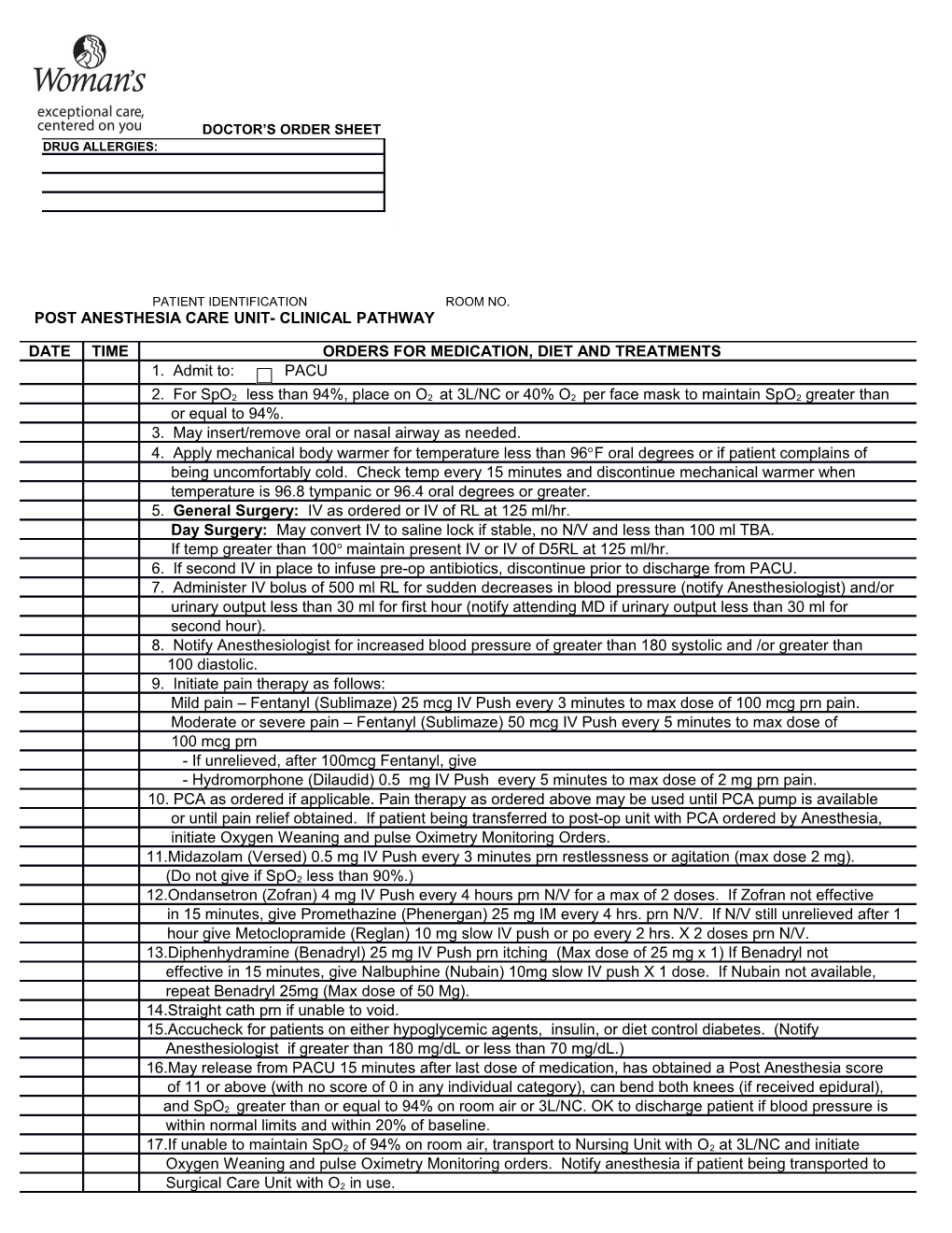 Post Anesthesia Care Unit- Clinical Pathway