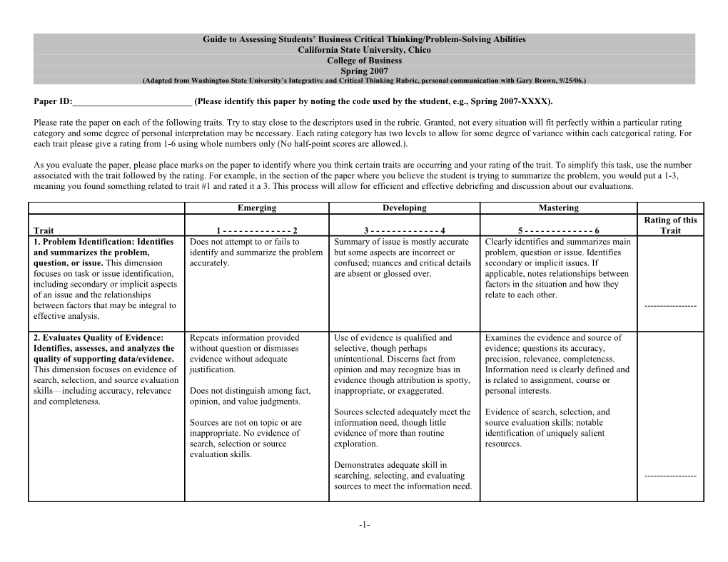 Guide to Assessing Students Business Critical Thinking/Problem-Solving Abilities