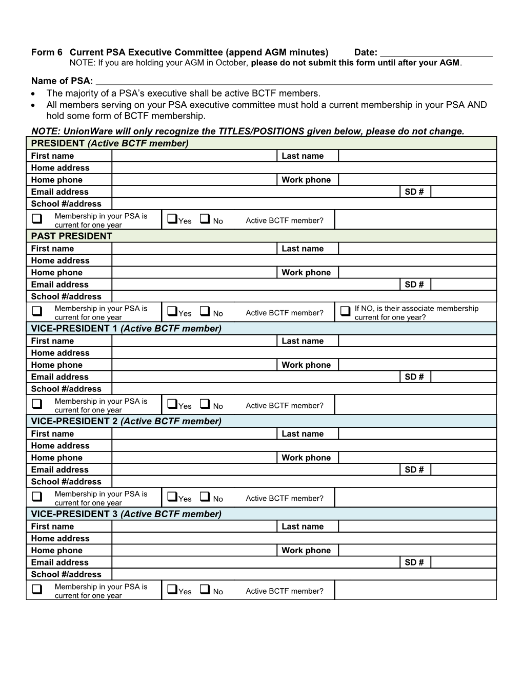 Form 6Current PSA Executive Committee (Append AGM Minutes)Date