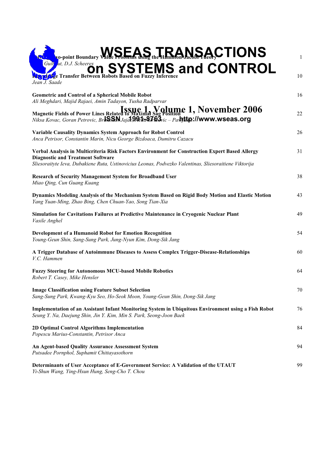 WSEAS Trans. on SYSTEMS and CONTROL, November 2006