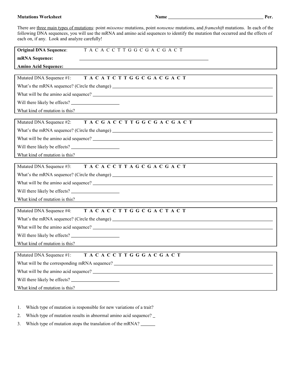 Mutations Worksheet Name Per