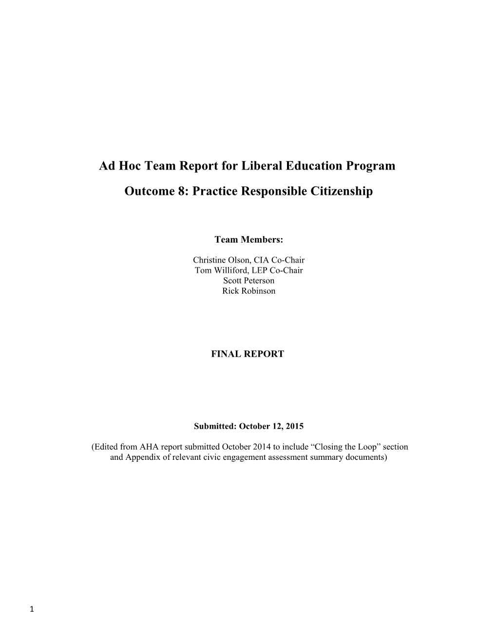 Ad Hoc Team Report for Liberal Education Program