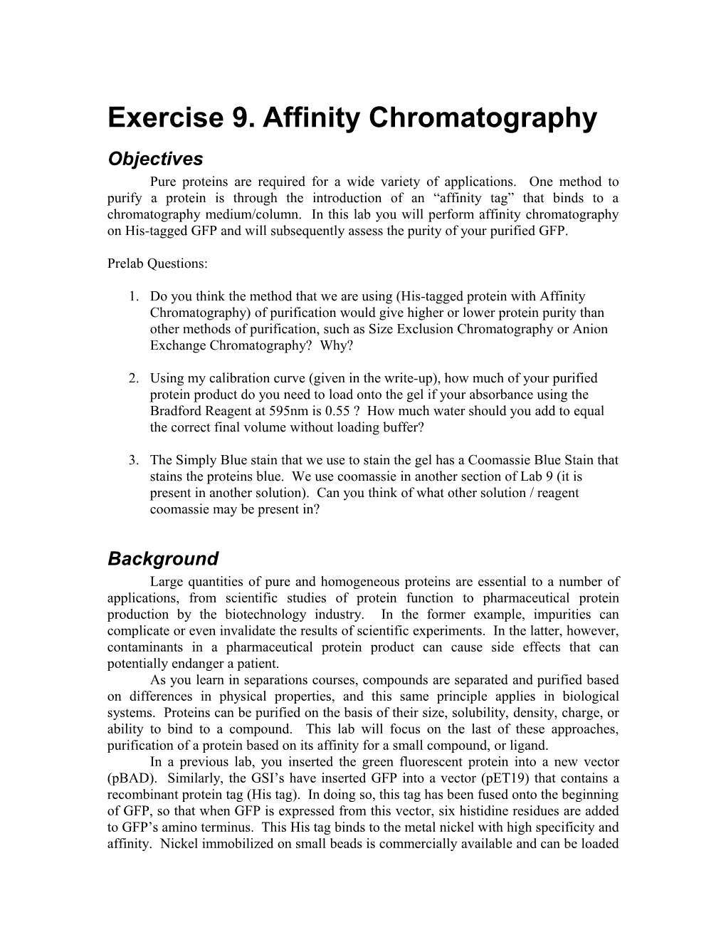 Exercise 9. Affinity Chromatography