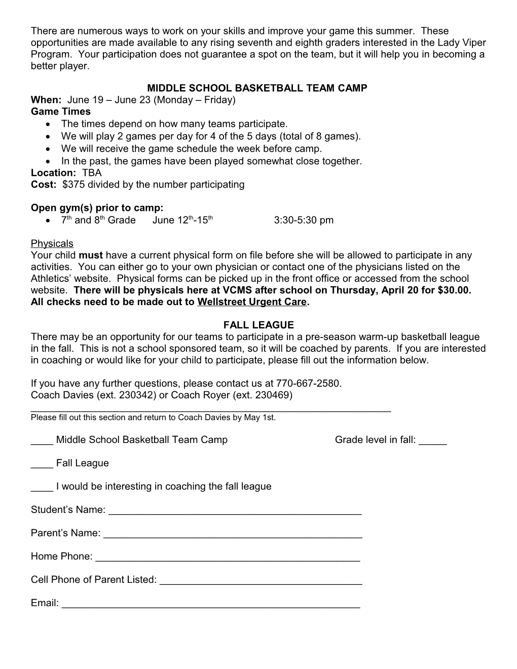 MIDDLE SCHOOL BASKETBALL TEAM CAMP at SFHS
