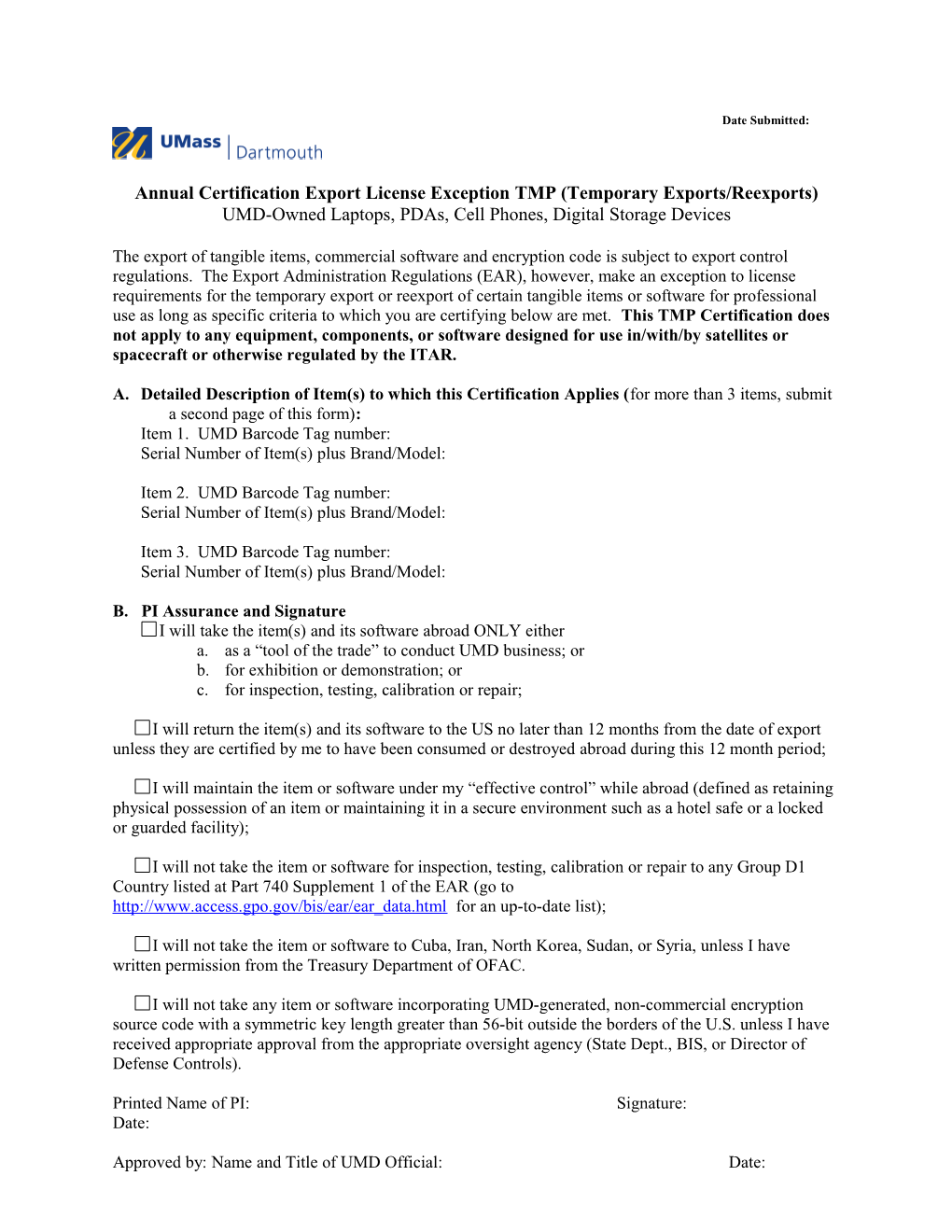 Annual Certification Export License Exception TMP (Temporary Exports/Reexports)