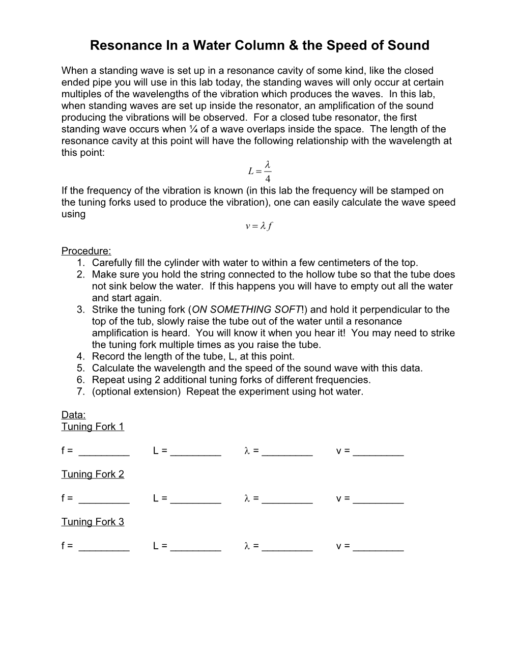 Resonance in a Water Column & the Speed of Sound