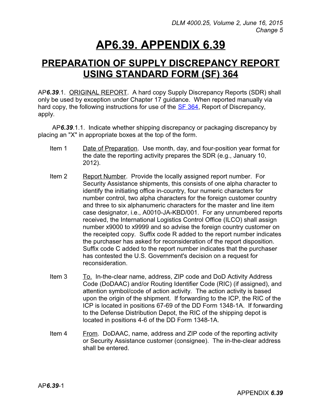 Appendix 6.39 - Preparation of Supply Discrepancy Report Using Standard Form (SF) 364