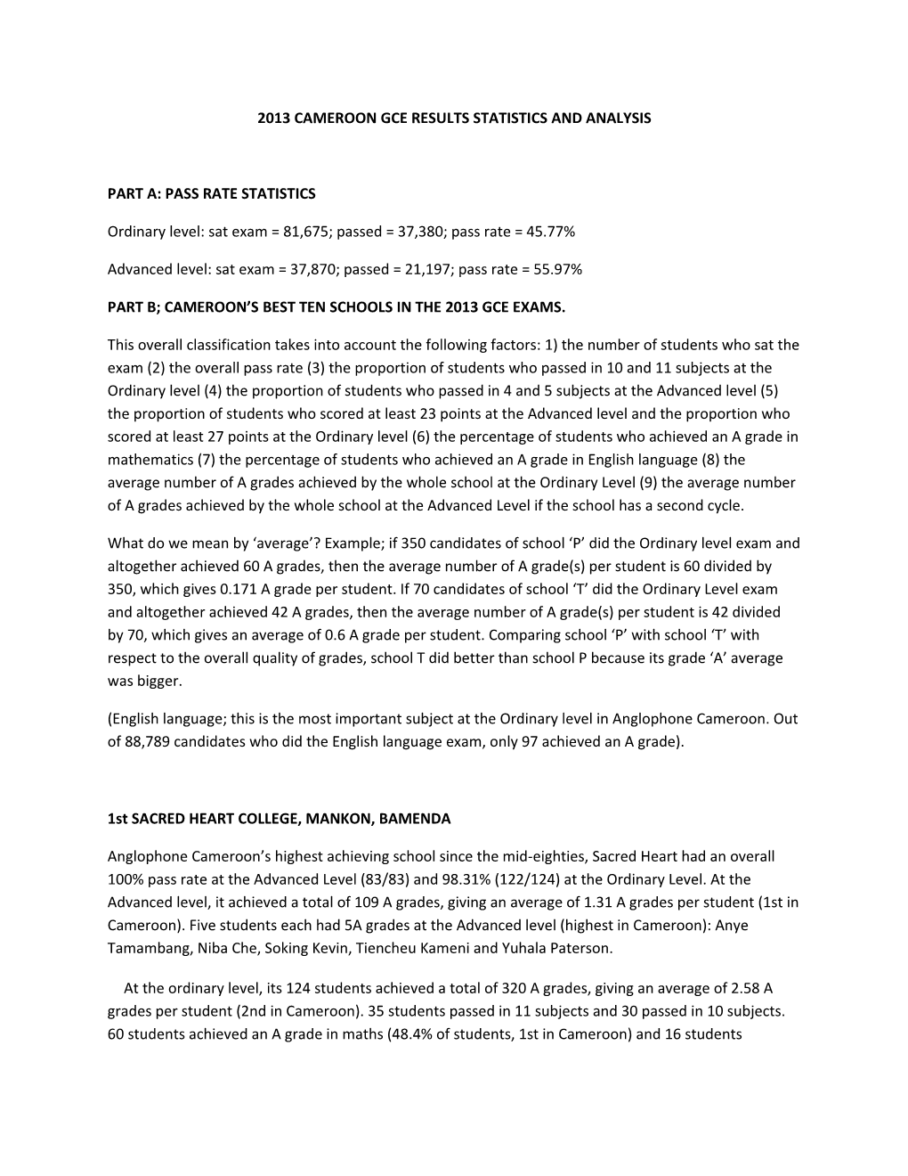 2013 Cameroon Gce Results Statistics and Analysis