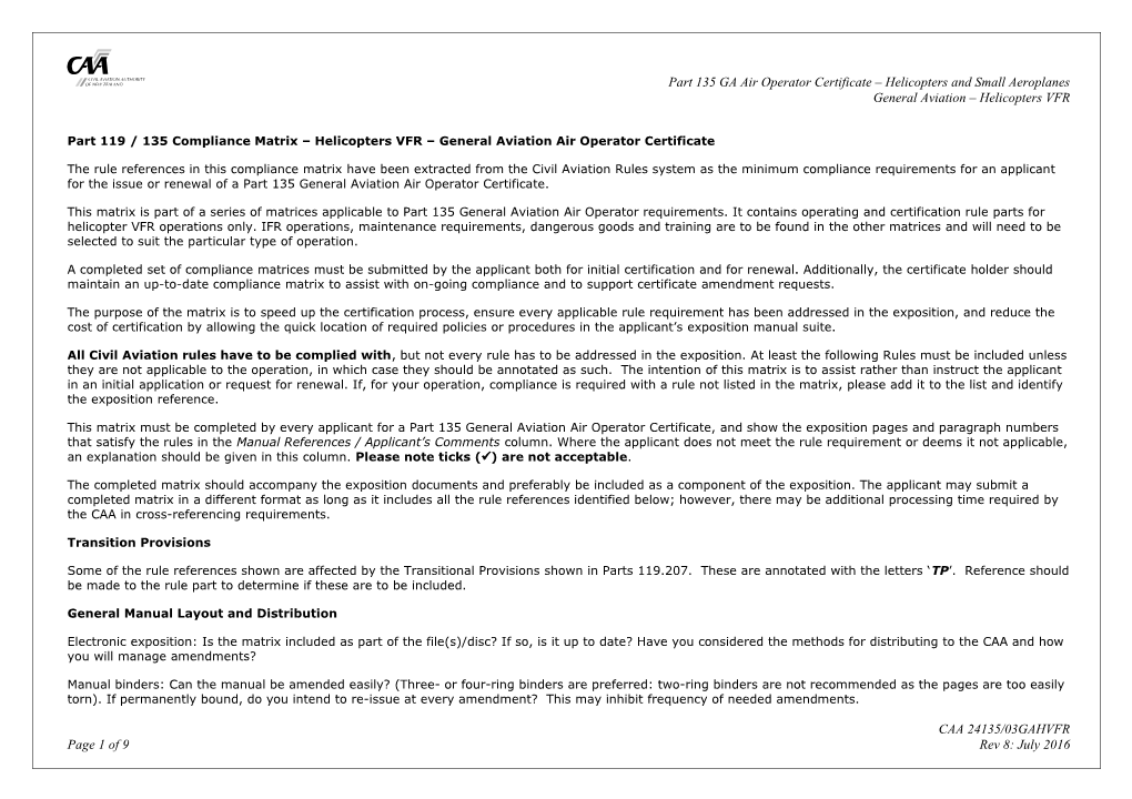 Part 119 / 135 Compliance Matrix Helicopters VFR General Aviation Air Operator Certificate