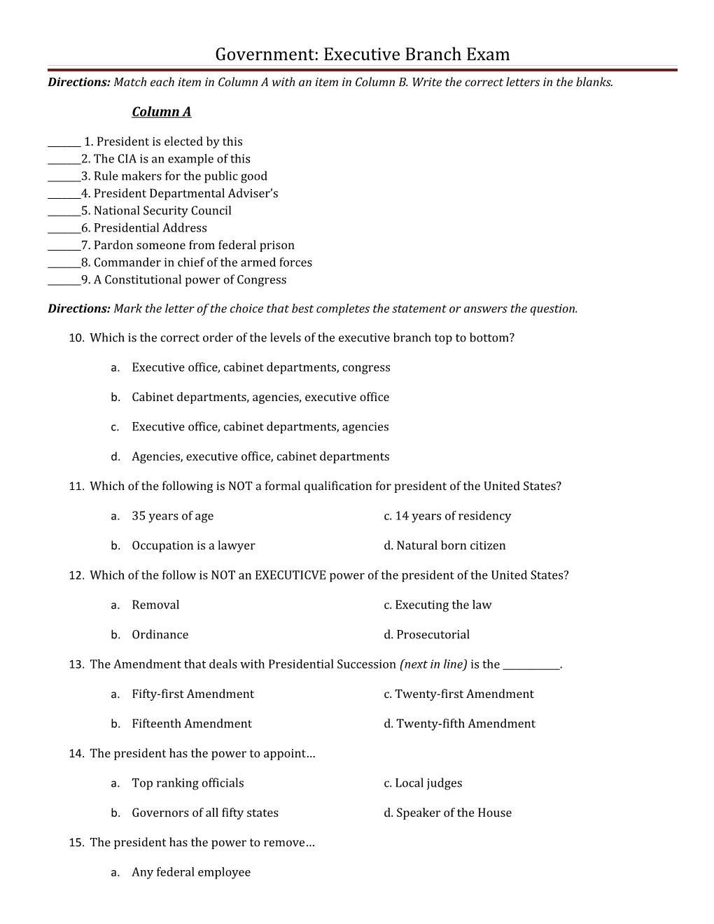 Government: Executive Branch Exam