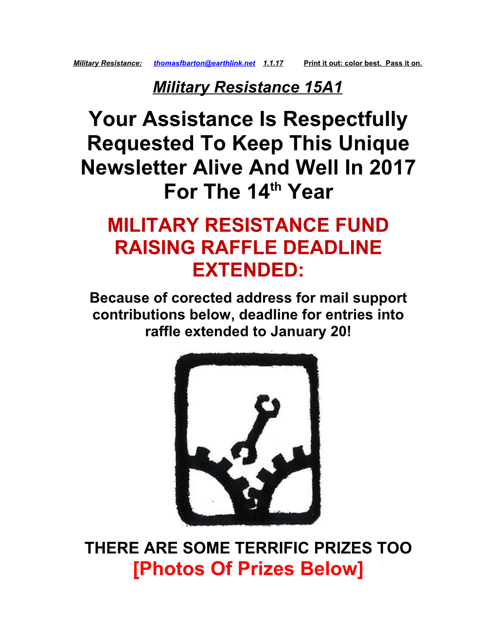 Military Resistance Fund Raising Raffle Deadline Extended