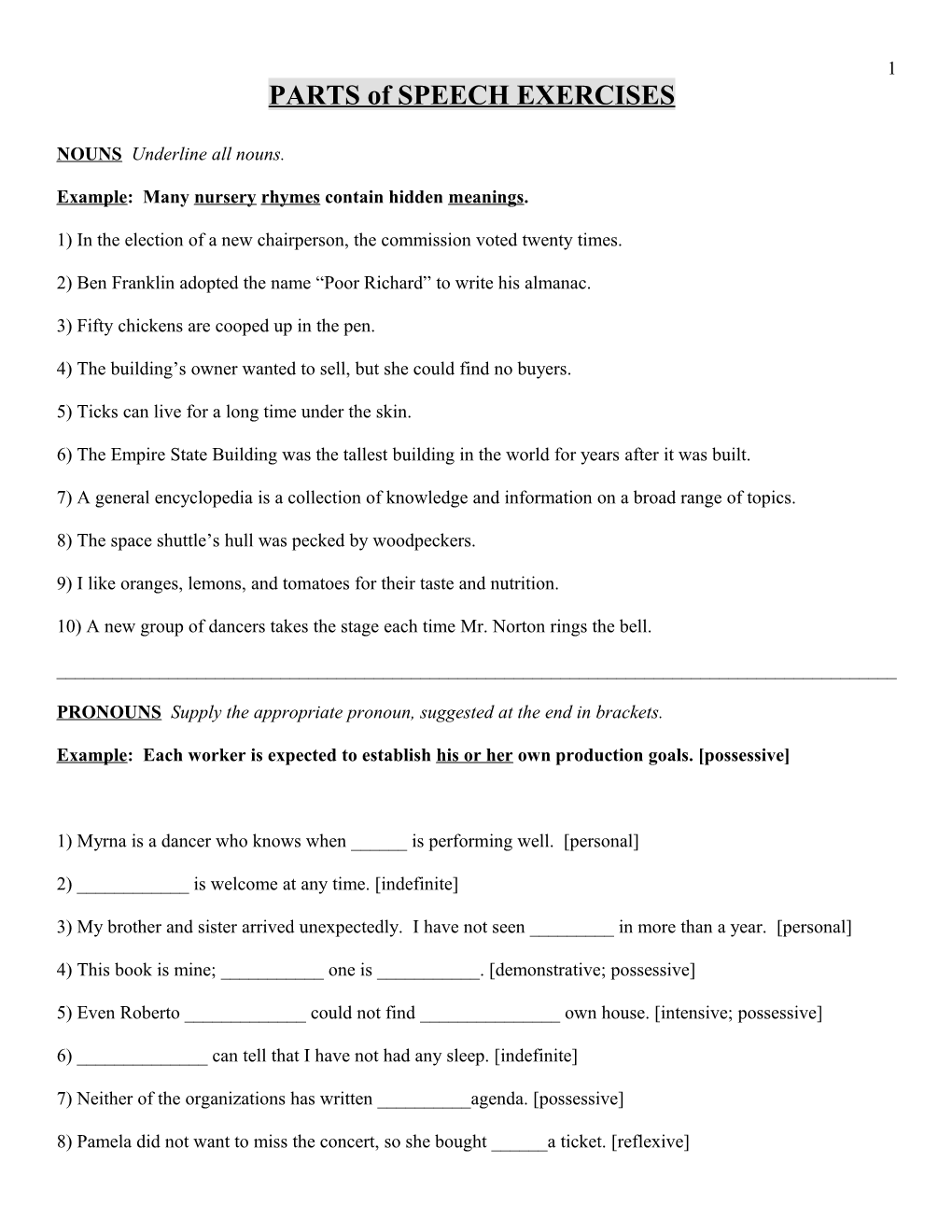 PARTS of SPEECH EXERCISES