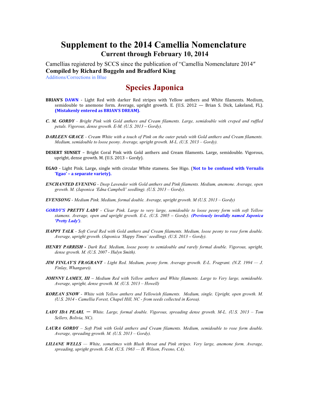 Supplement to the 2014 Camellia Nomenclature Current Through February 10, 2014