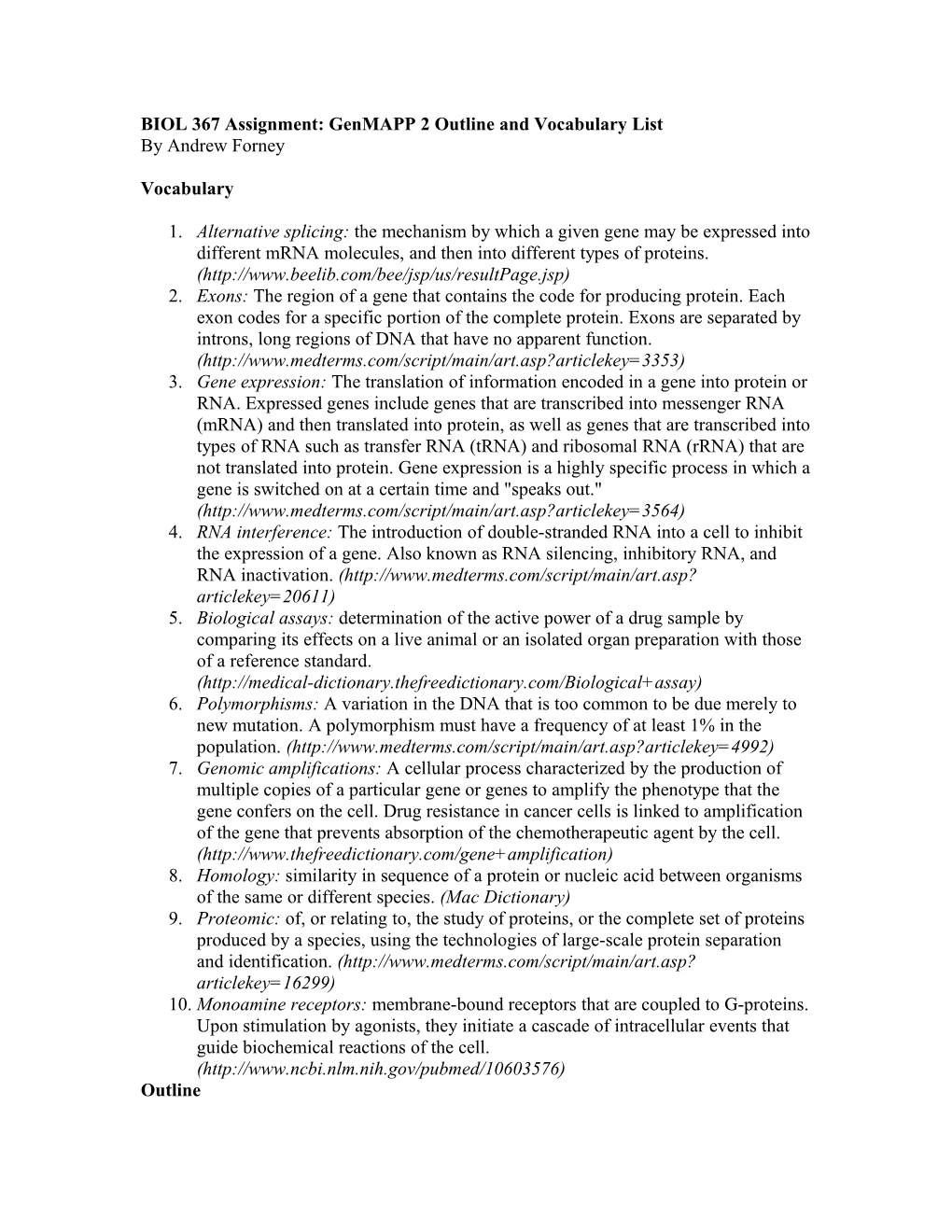 BIOL 367 Assignment: Genmapp 2 Outline and Vocabulary List