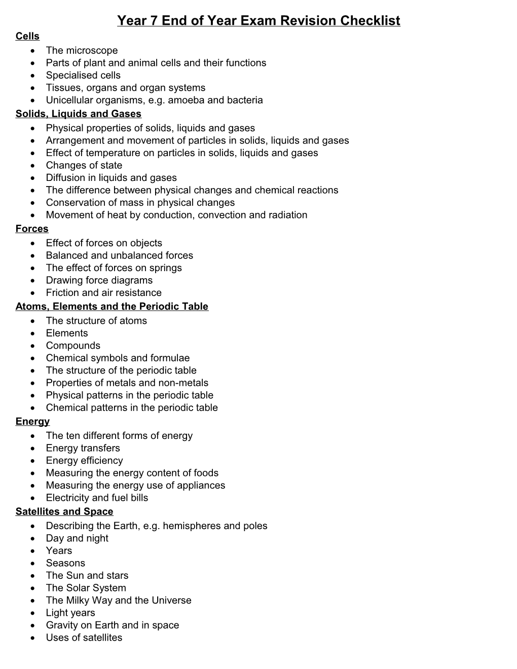 Year 7 End of Year Exam Revision Checklist