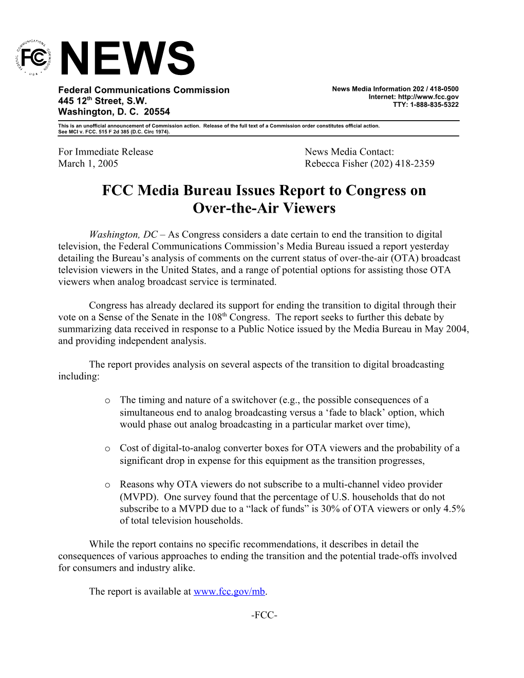 FCC Media Bureau Issues Report to Congress On
