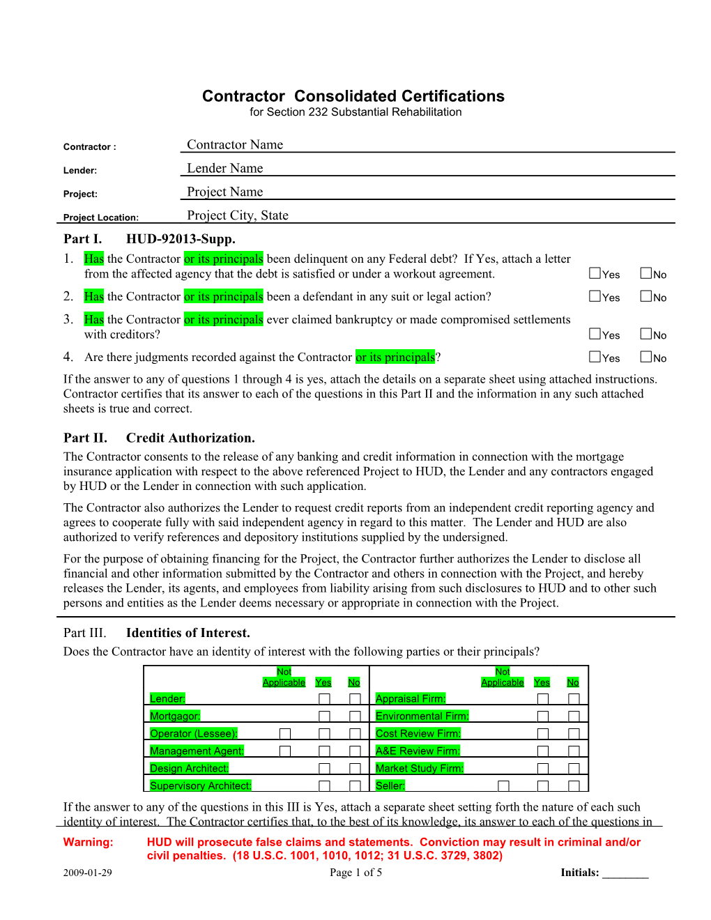 Section 232 Sub-Rehab Contractor Consolidated Certifications (Continued)