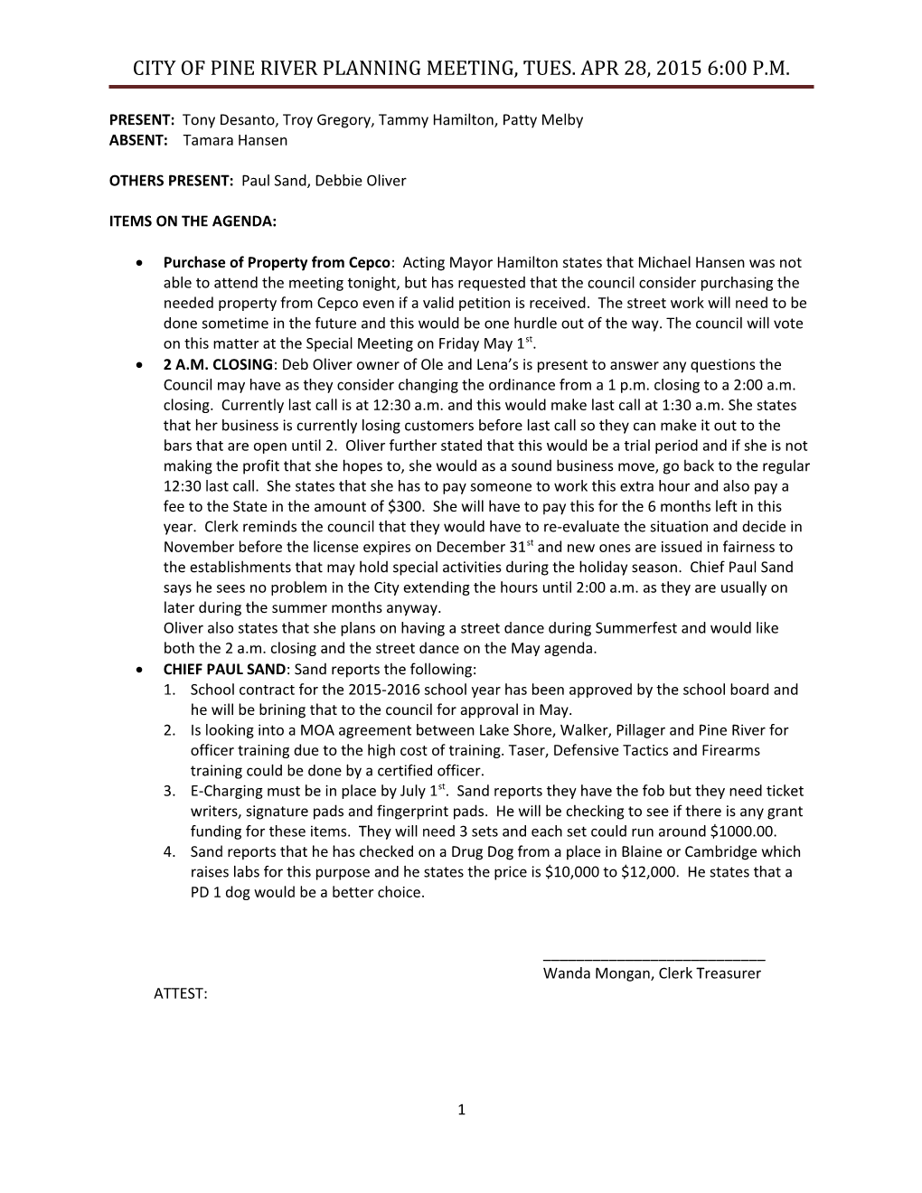 City of Pine River Planning Meeting, Tues. Apr 28, 2015 6:00 P.M