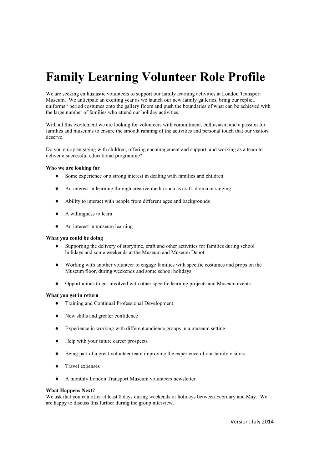 Family Learning Volunteer Role Profile