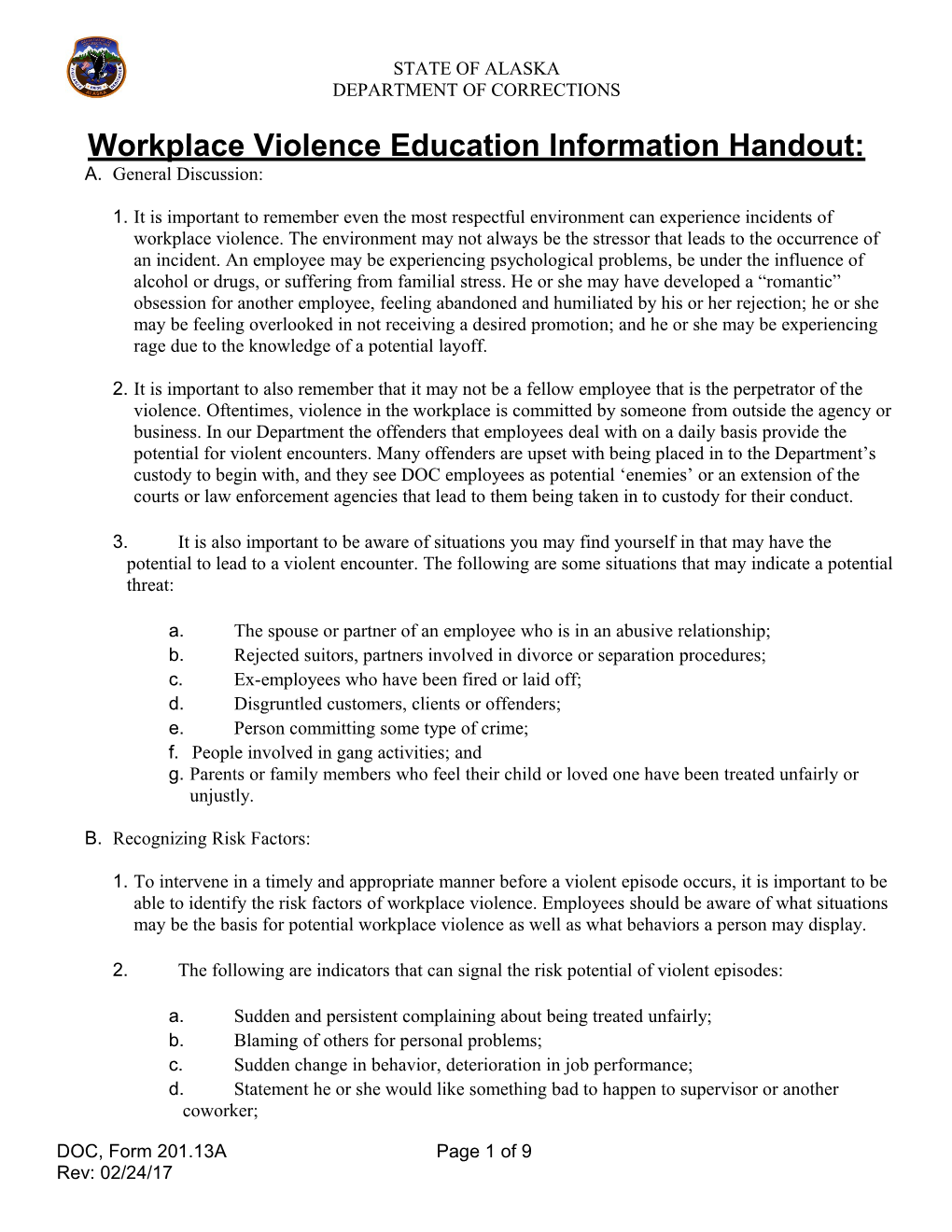 Workplace Violence Education Information Handout