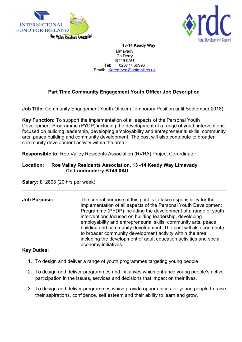 Part Time Community Engagement Youth Officer Job Description