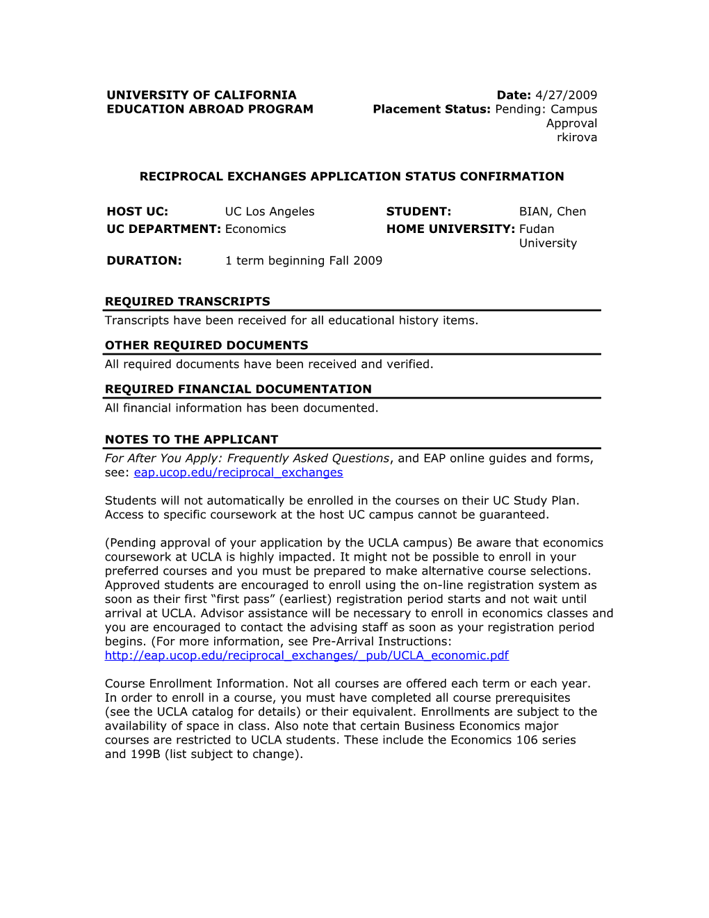 Application Status Confirmation Document