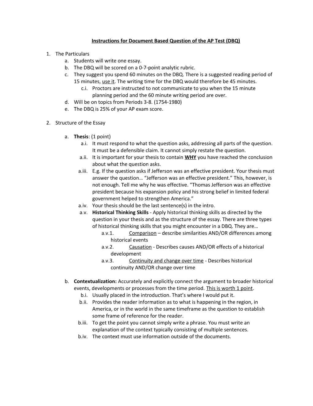 Instructions for Document Based Question of the AP Test (DBQ)