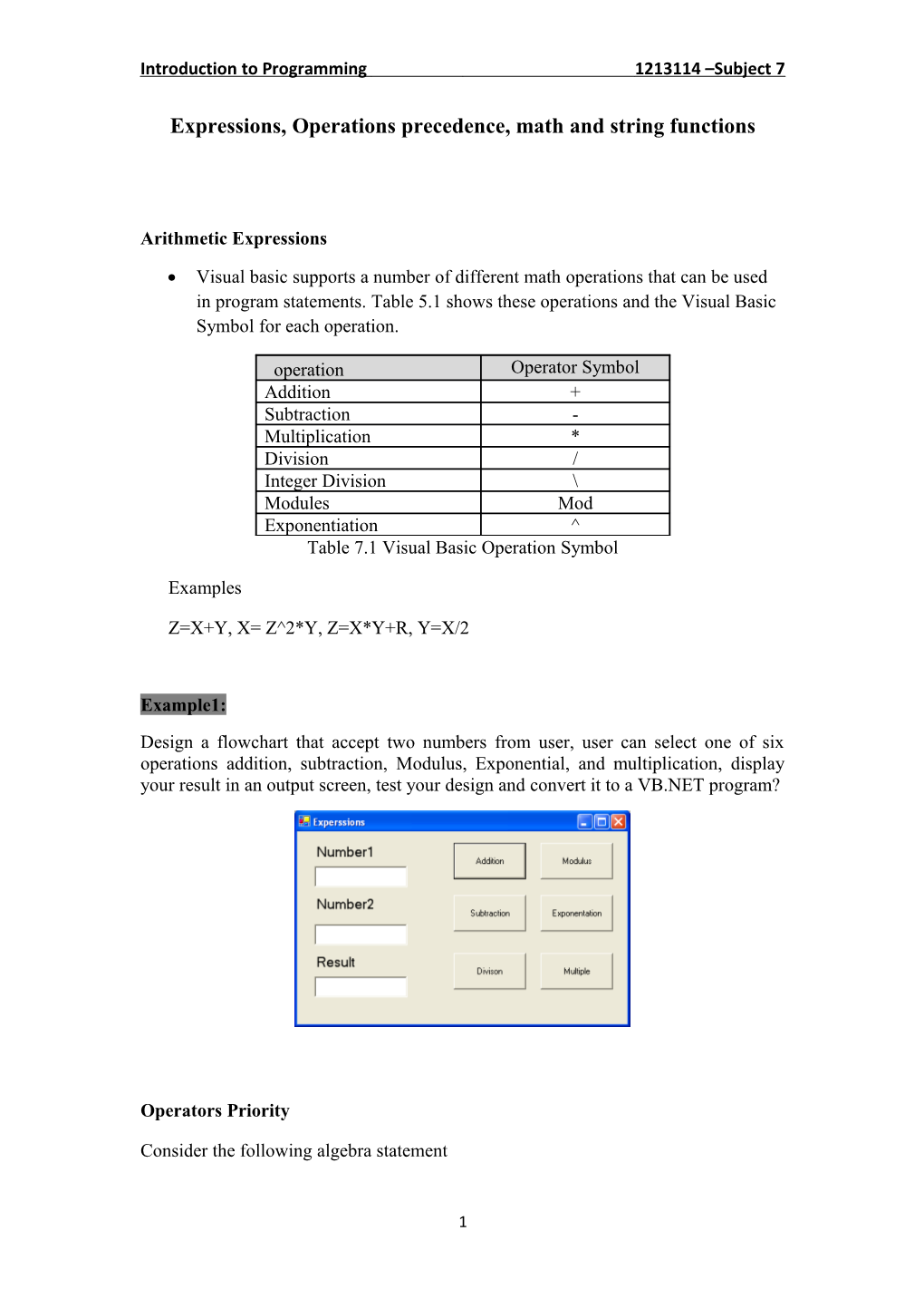 Expressions, Operations Precedence, Math and String Functions