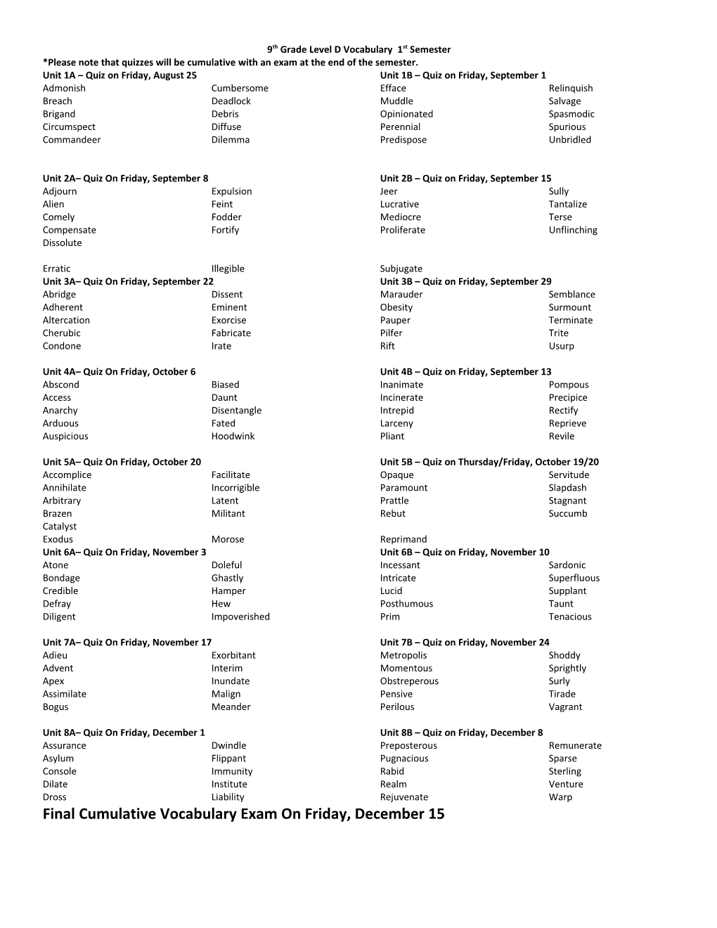 9Th Grade Level D Vocabulary 1St Semester