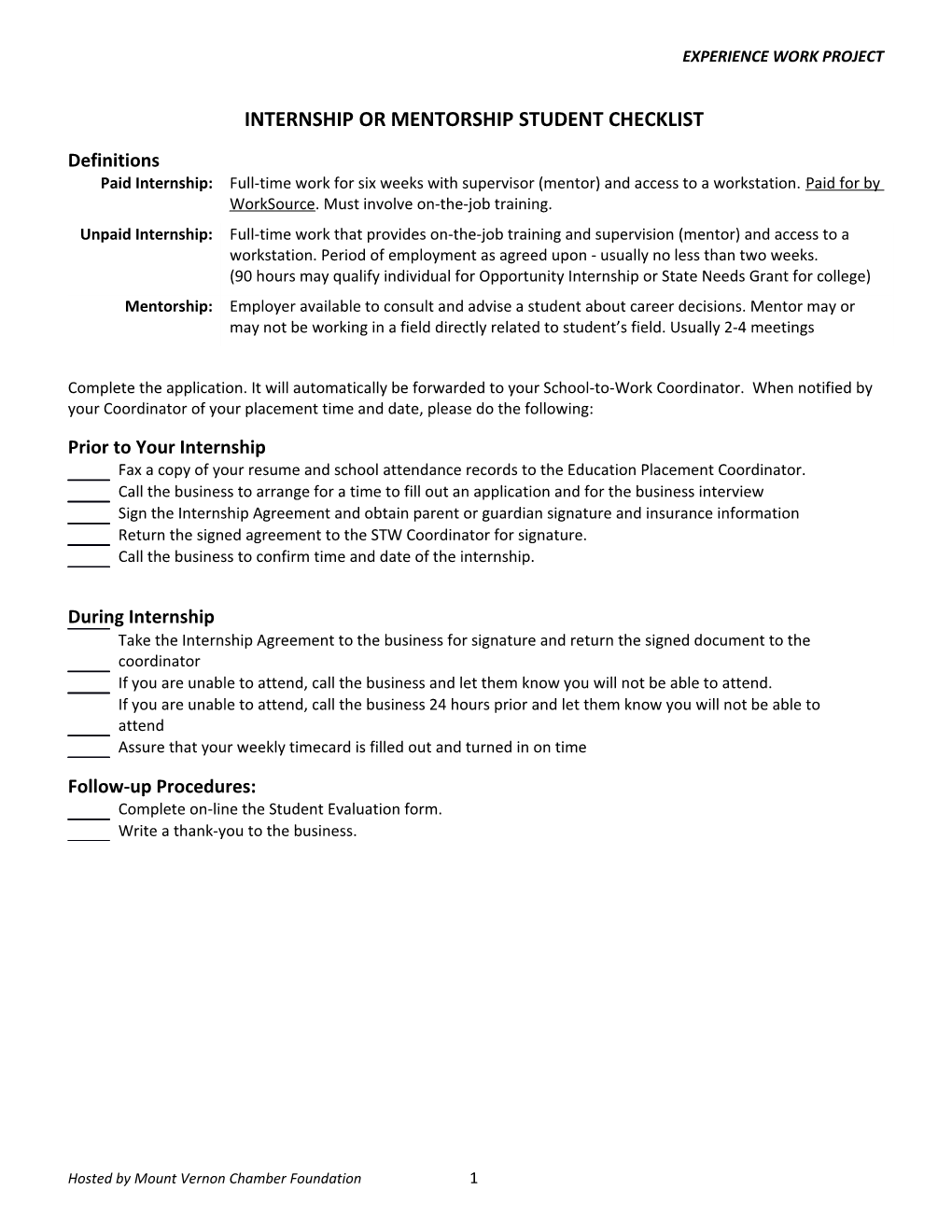 Internship Or Mentorship Student Checklist