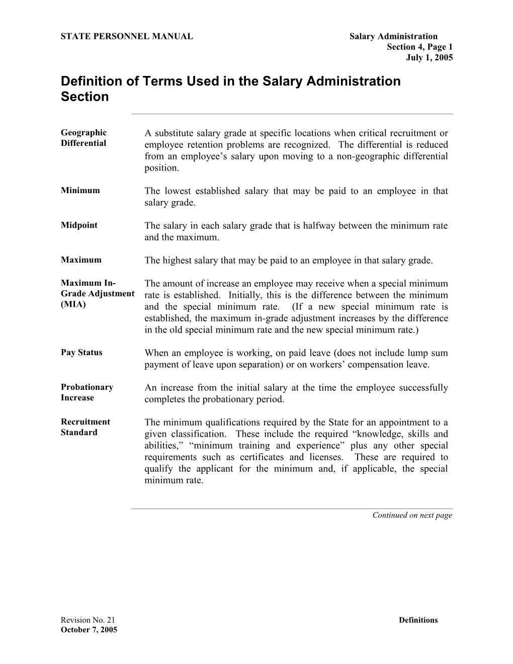 Definition of Terms Used in the Salary Administration Section