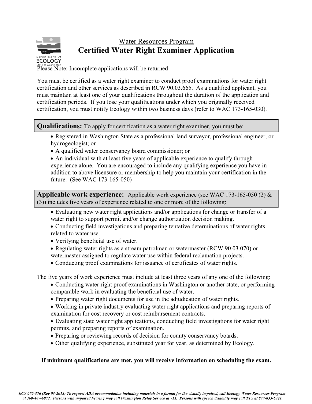Certified Water Right Examiner Application