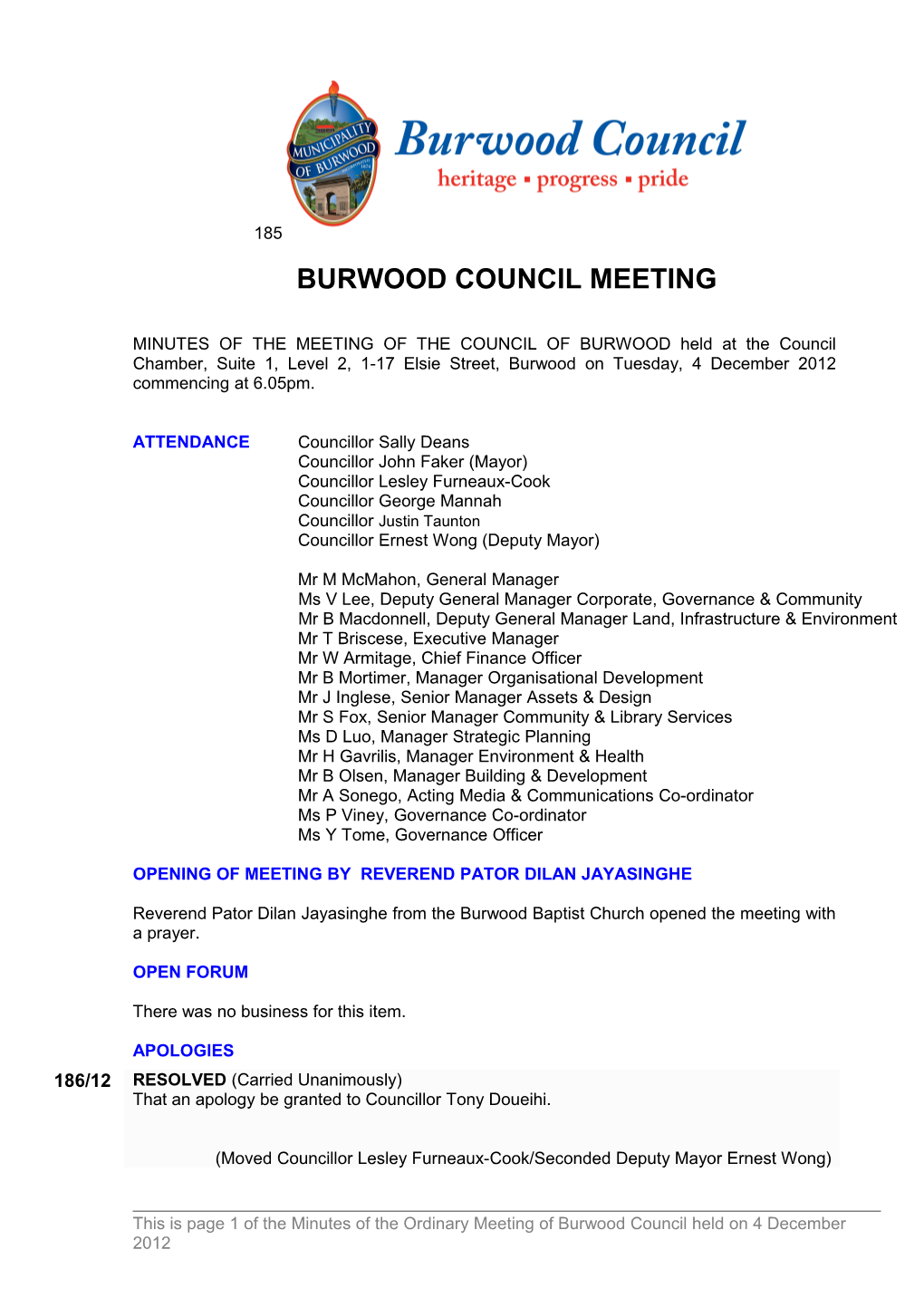 Pro-Forma Minutes of Burwood Council Meetings - 4 December 2012