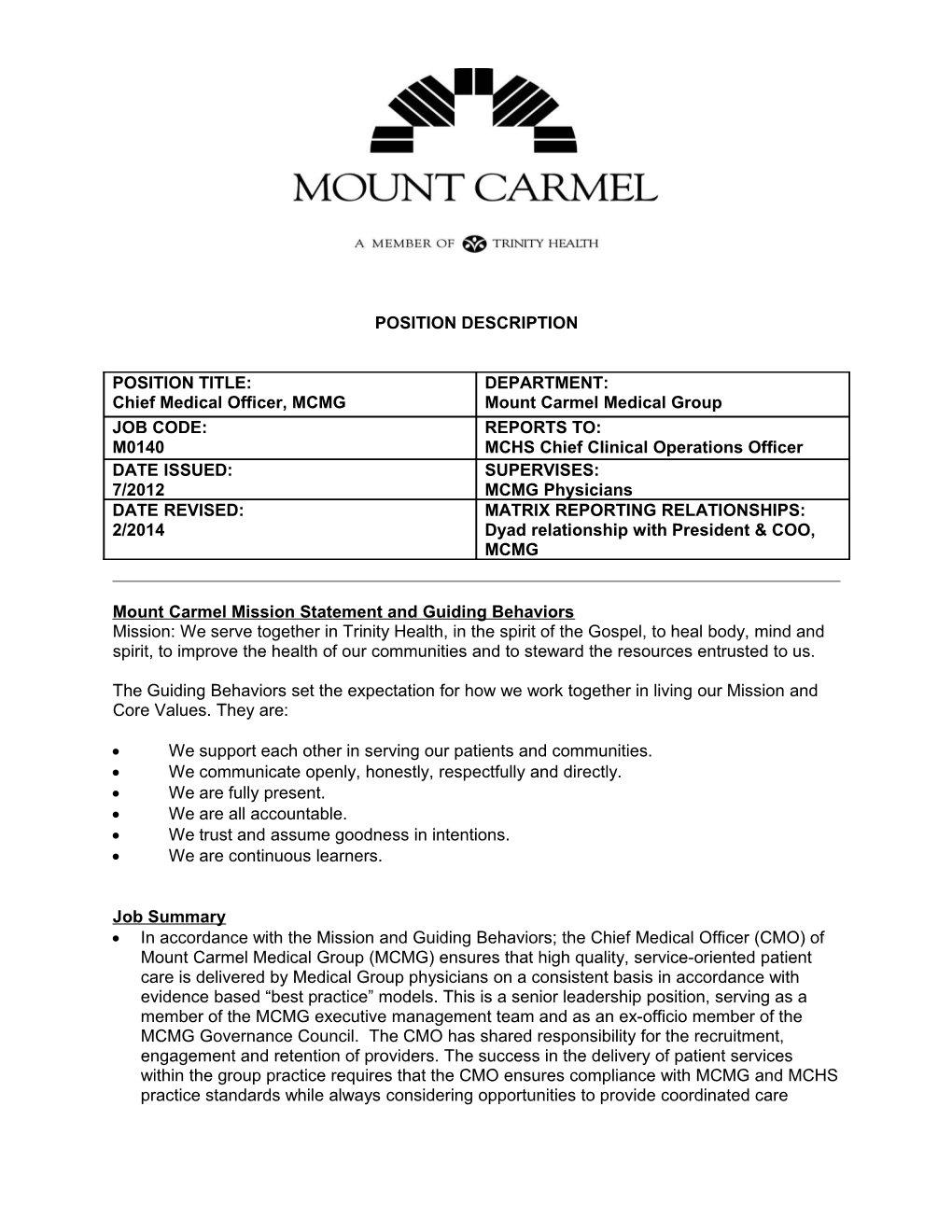 Mount Carmel Mission Statement and Guiding Behaviors